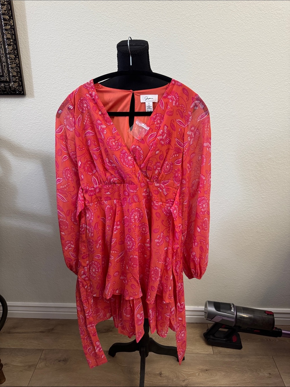 Joie Coral Pink Paisley High-Low Wrap Dress — V-Neck Long Sleeve
